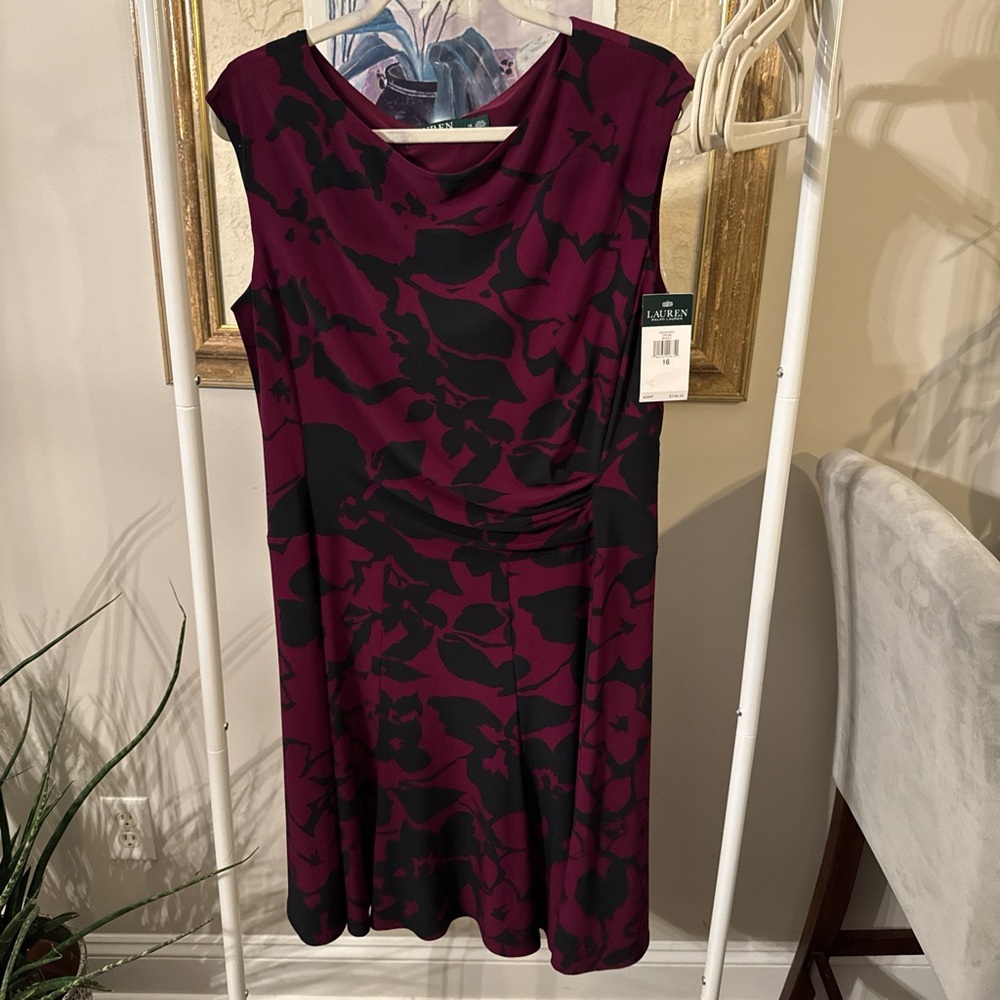 Ralph Lauren Red and Black Sheath Dress Cowl Neck Sleeveless Midi